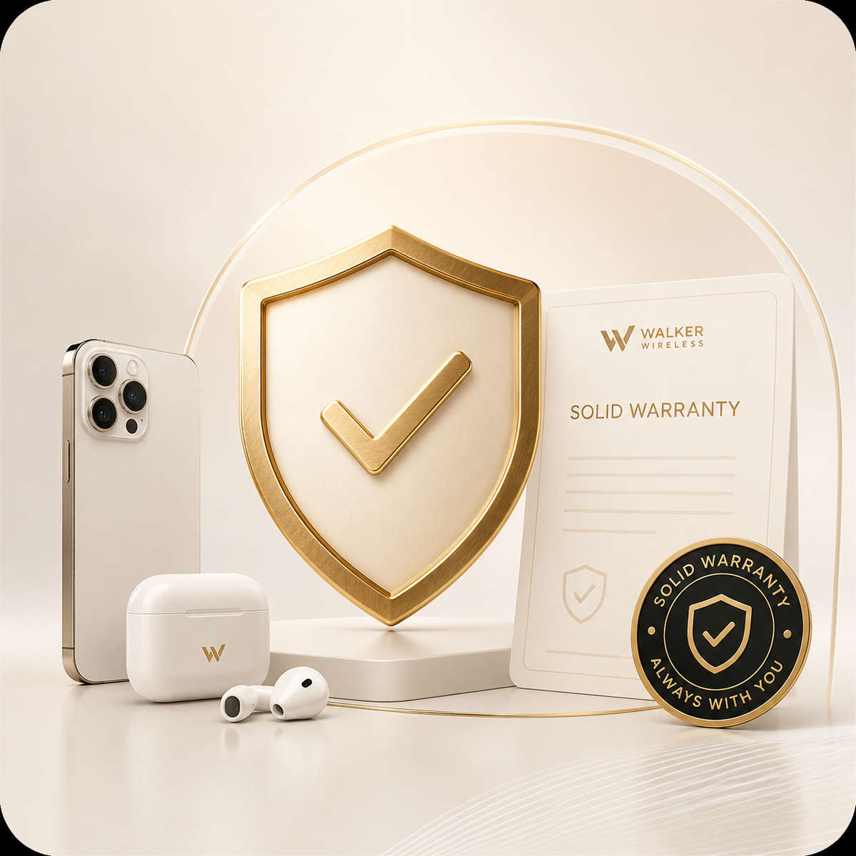 Walker Wireless warranty card with a gold shield, iPhone and AirPods