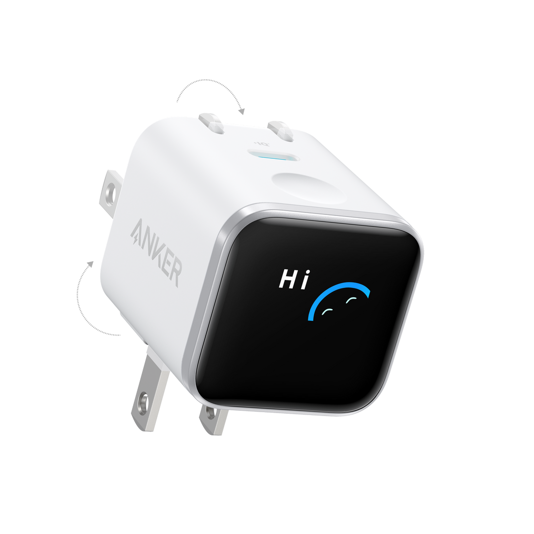 Anker Nano Charger 45W Smart Display in white with 180° foldable plug