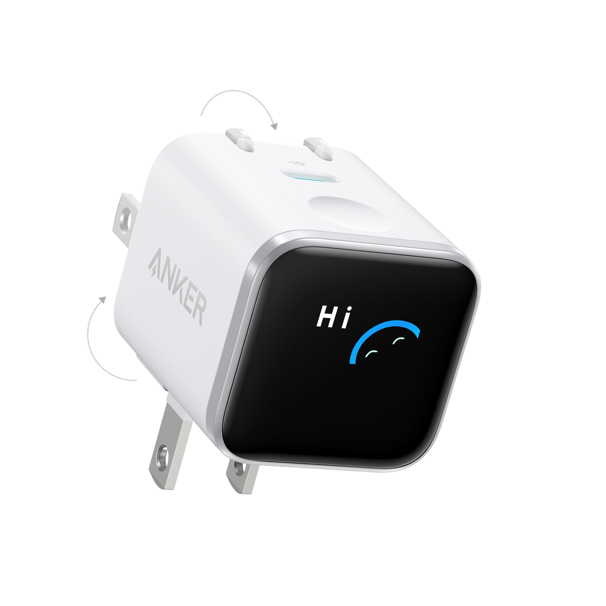 Anker Nano Charger 45W Smart Display in white with 180° foldable plug