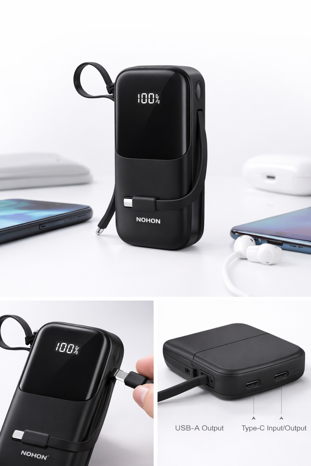 NOHON NX-P32 20000mAh Power Bank with Built-in Dual Cables | 22.5W PD Fast Charging | Type-C & Lightning