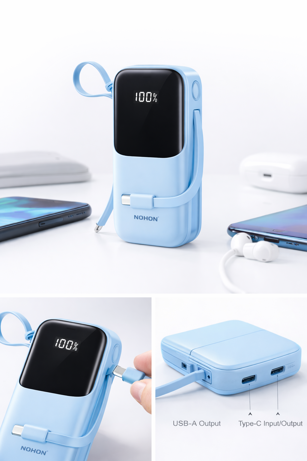 NOHON NX-P32 20000mAh Power Bank with Built-in Dual Cables | 22.5W PD Fast Charging | Type-C & Lightning