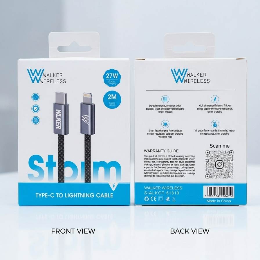 Walker Wireless Storm Series USB-C to Lightning Cable – 2M Nylon Braided 27W Fast Charging Cable
