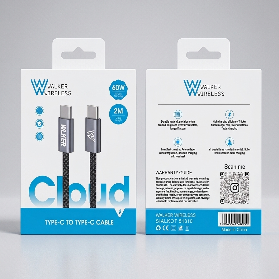 Walker Wireless Cloud Series 60W USB-C to USB-C Cable – 2M Fast Charging braided PD Cable