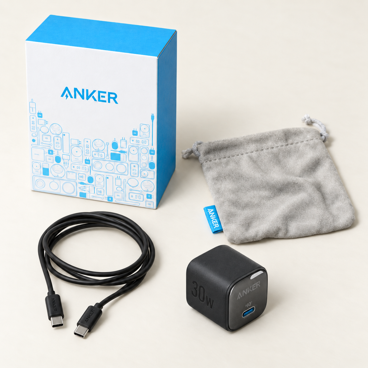 Anker Zolo 30W charger bundle with USB-C cable, grey carry pouch and Anker box
