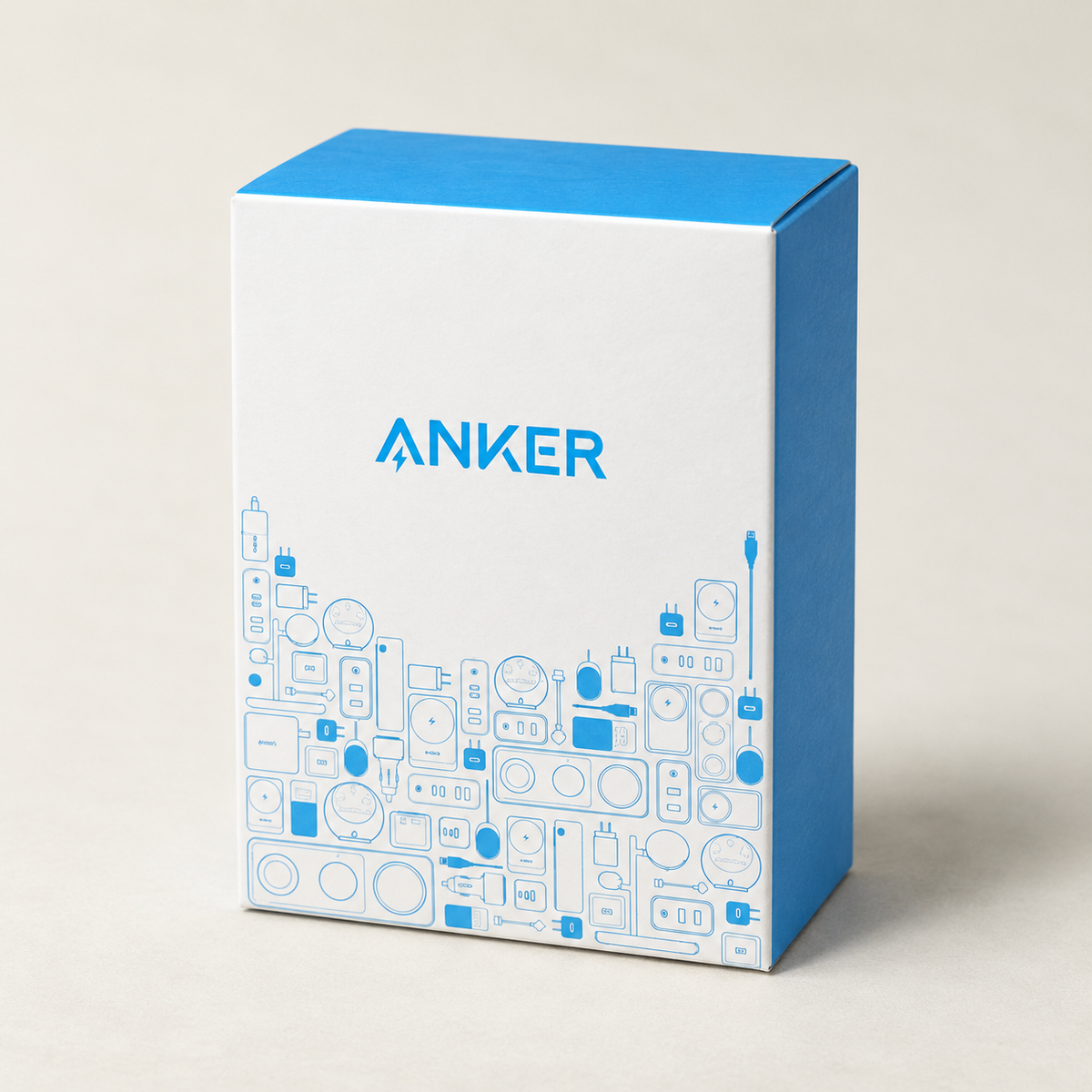 White and blue Anker retail box with ANKER logo and accessory line art