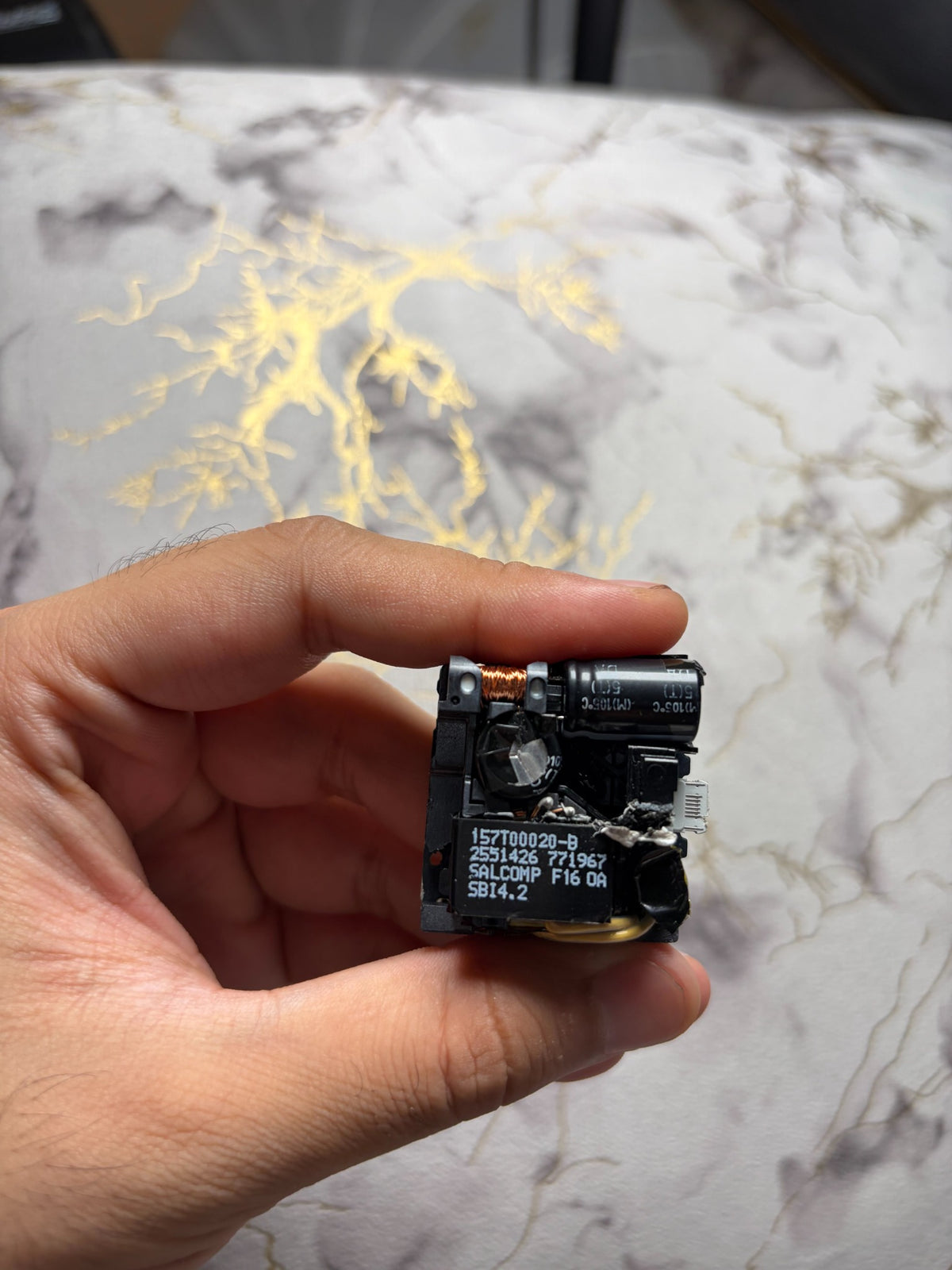 Teardown reference photo of an opened Apple 20W adapter sample - internal components; units sold are new and box packed