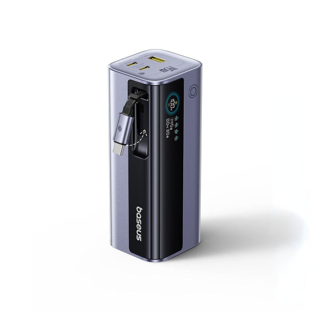 Baseus EnerGeek GR11 power bank with stowed cable, digital display and charging ports – manufacturer reference