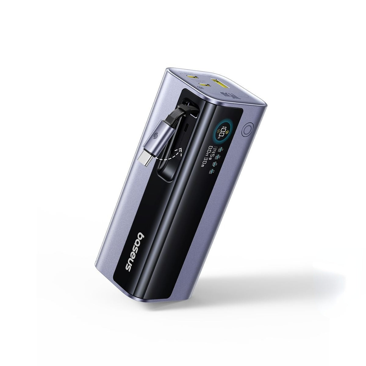 Baseus EnerGeek GR11 angled studio view showing retractable cable and USB ports – manufacturer reference