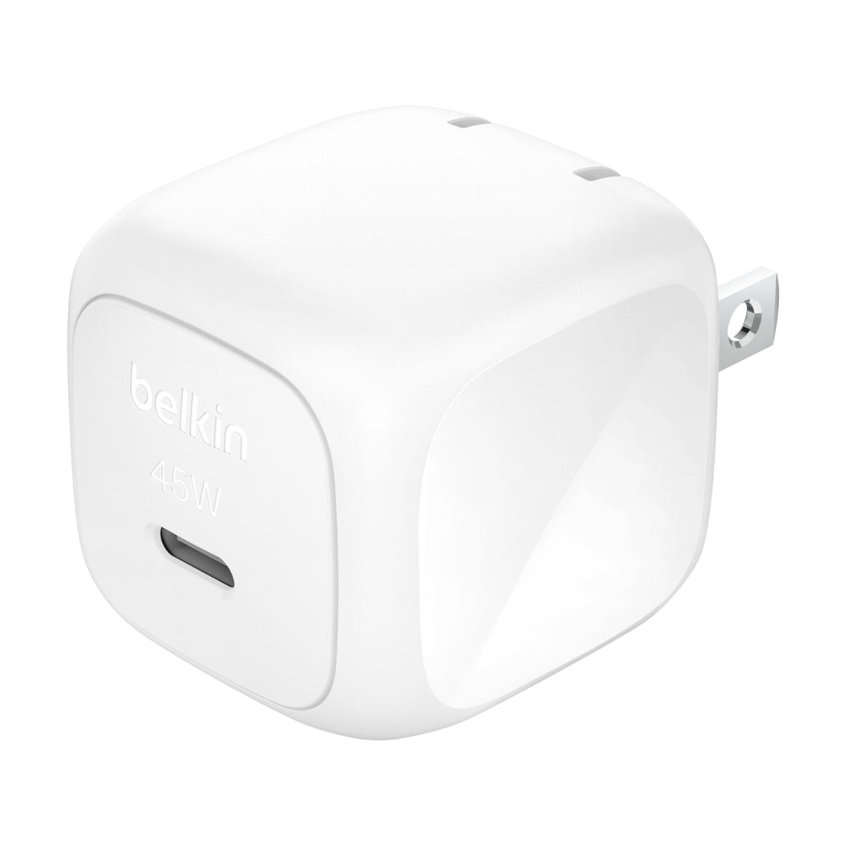 Belkin BoostCharge 45W USB-C wall charger in white with folding flat pins