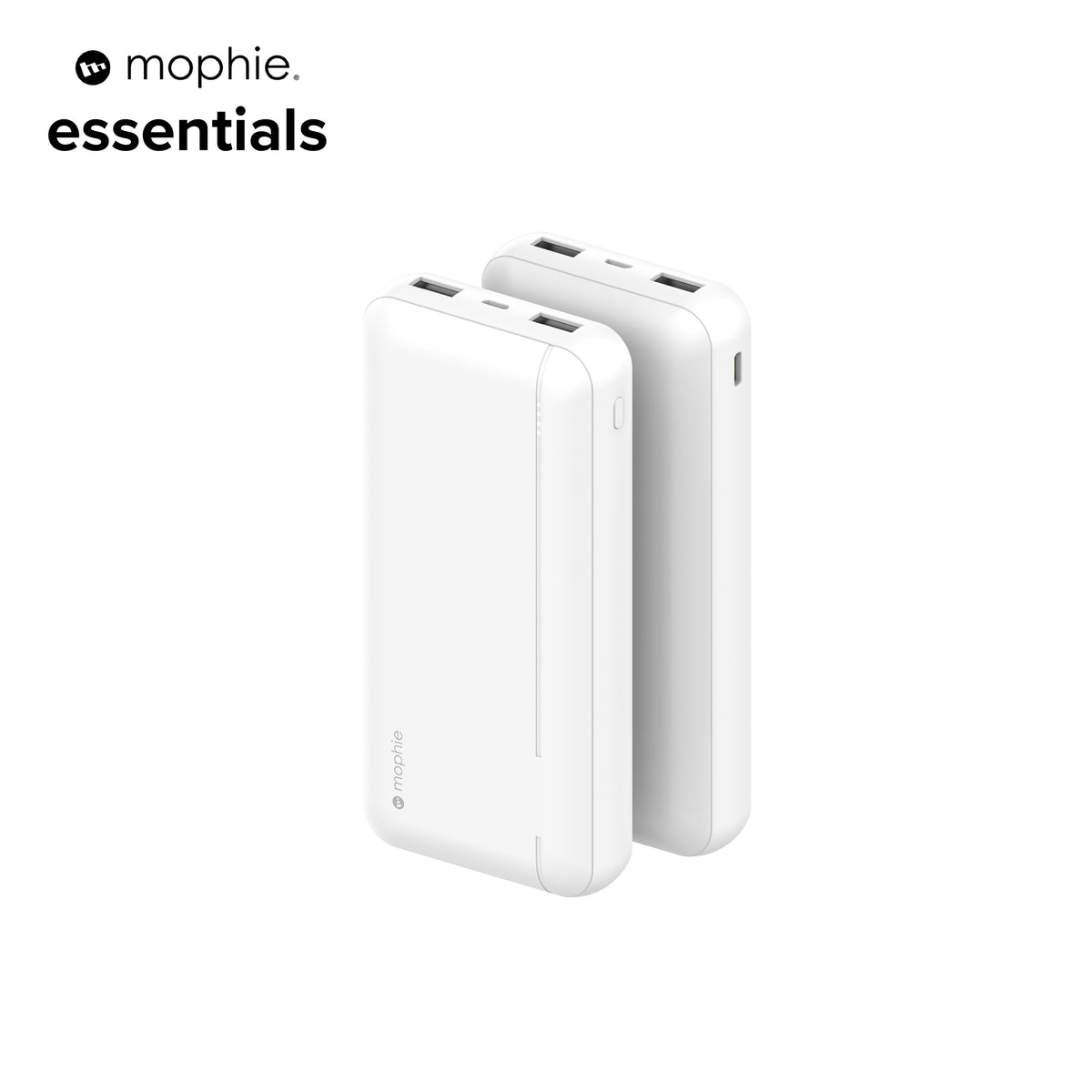 White Mophie Essentials 20000mAh 20W power bank, front and rear studio views; one unit supplied
