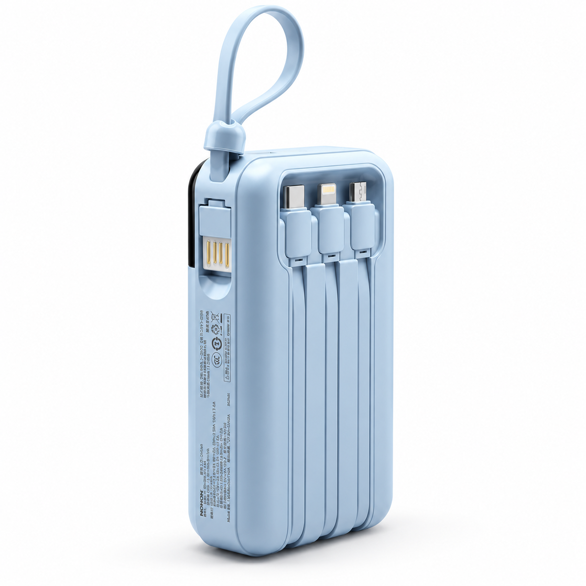 NOHON LS-DY259 Light Blue power bank, rear studio illustration showing built-in USB-C, Lightning and Micro-USB cables