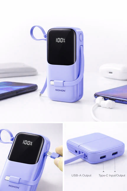 NOHON NX-P32 20000mAh Power Bank with Built-in Dual Cables | 22.5W PD Fast Charging | Type-C & Lightning