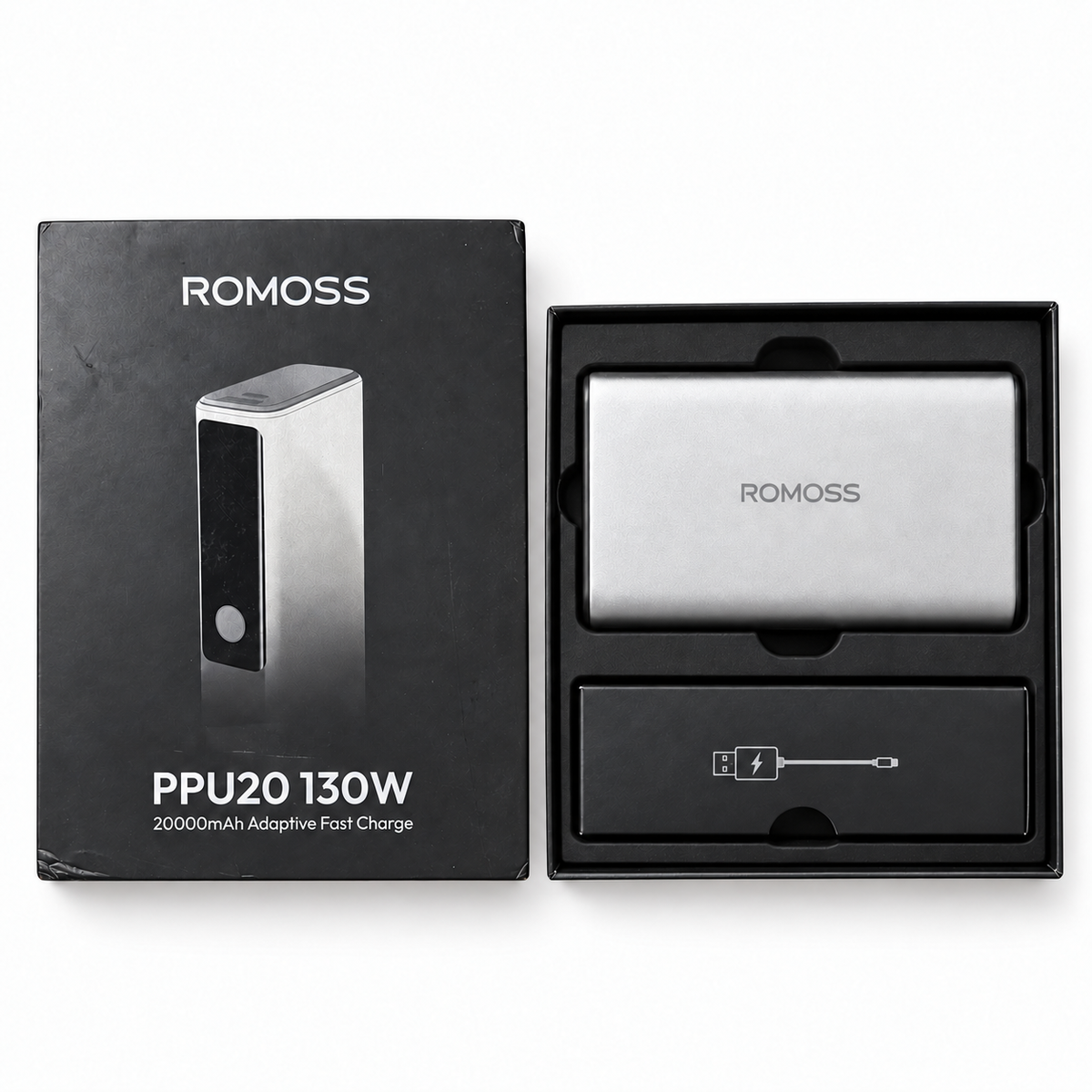 ROMOSS PPU20 130W 20000mAh silver power bank with opened original box — studio-enhanced photo