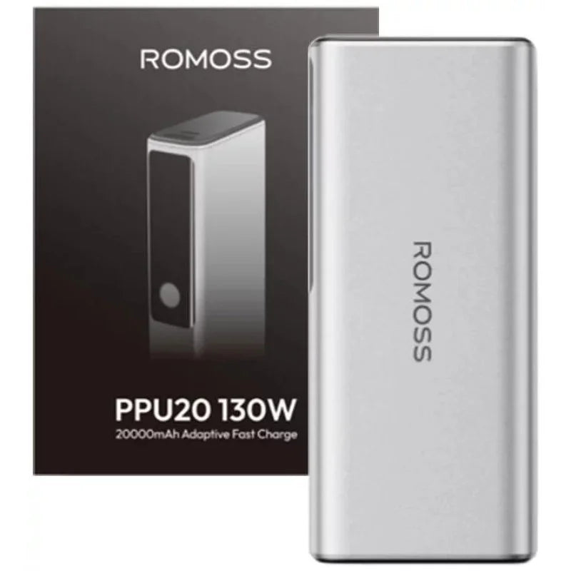ROMOSS PPU20 silver 20000mAh 130W power bank and retail packaging — catalog reference image