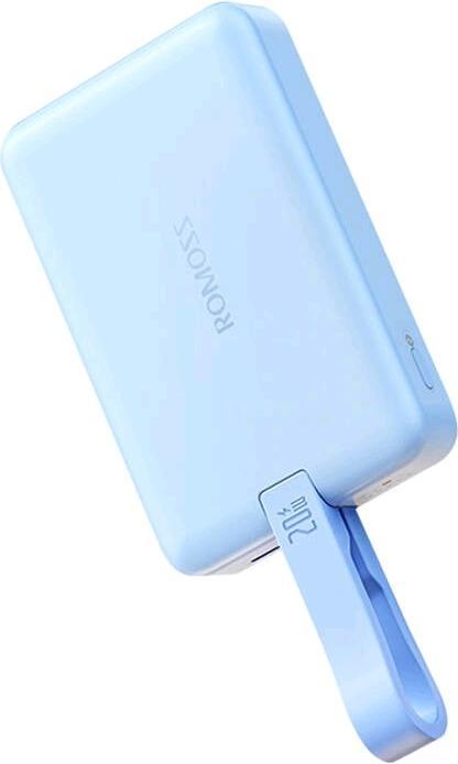 Blue ROMOSS WMS10 power bank rear view with built-in 20W charging cable