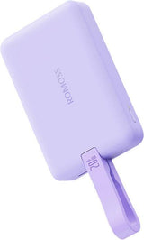 Purple ROMOSS WMS10 power bank rear view with built-in 20W charging cable