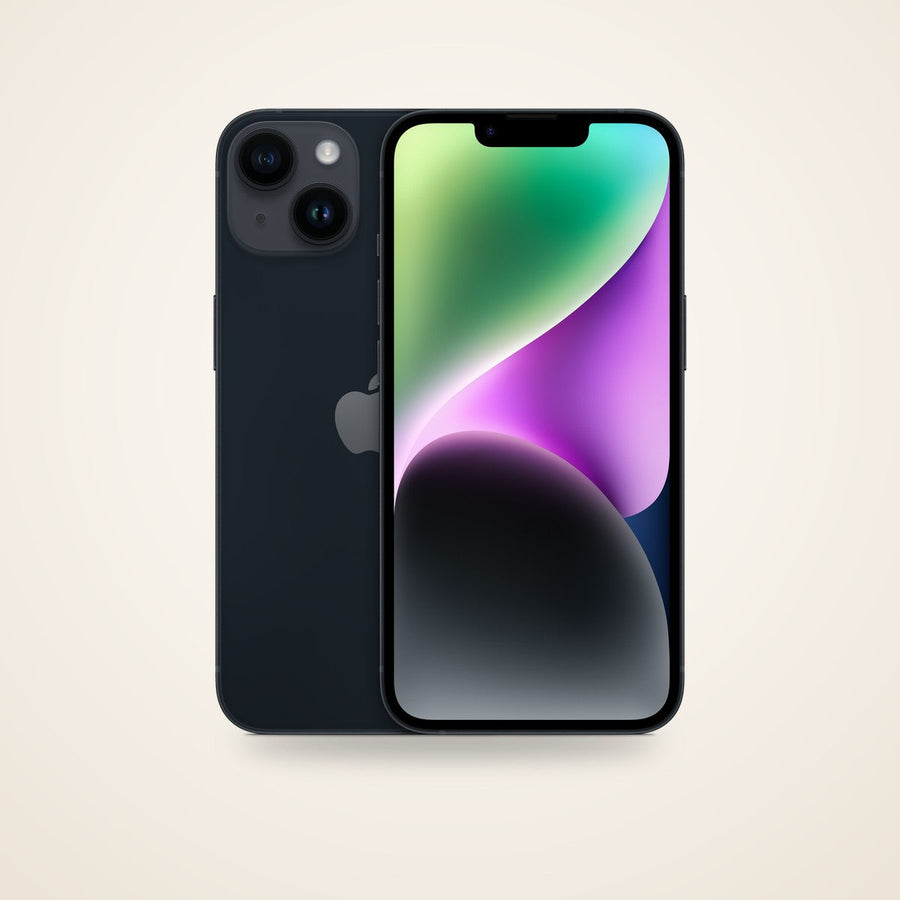 Used iPhone 14 in midnight, front and back