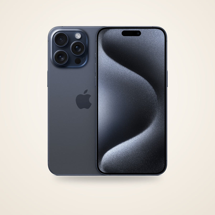 Used iPhone 15 Pro Max in blue titanium, front and back